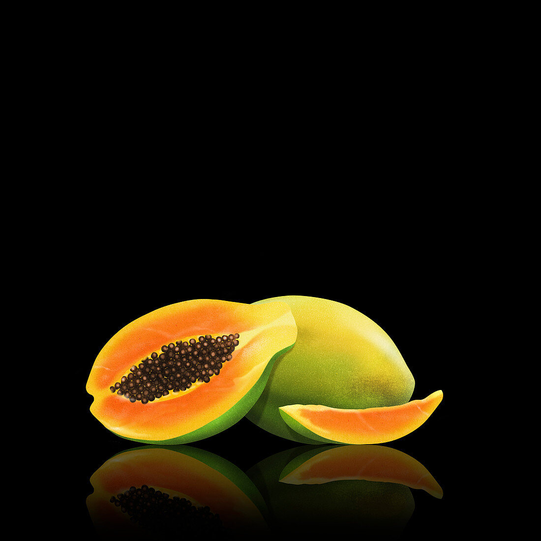 Fresh papaya, whole, half and slice, illustration
