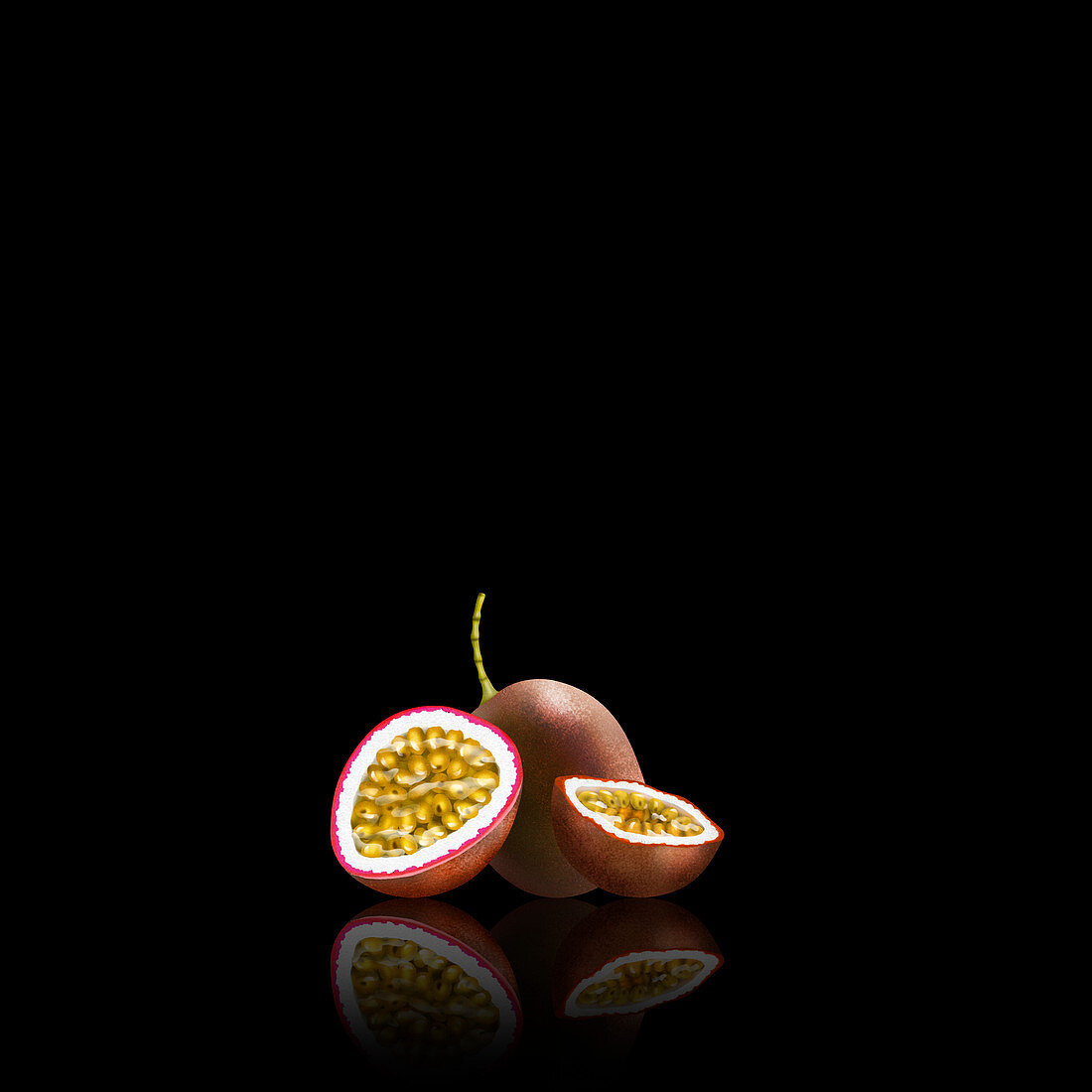Fresh passionfruit whole and halved, illustration