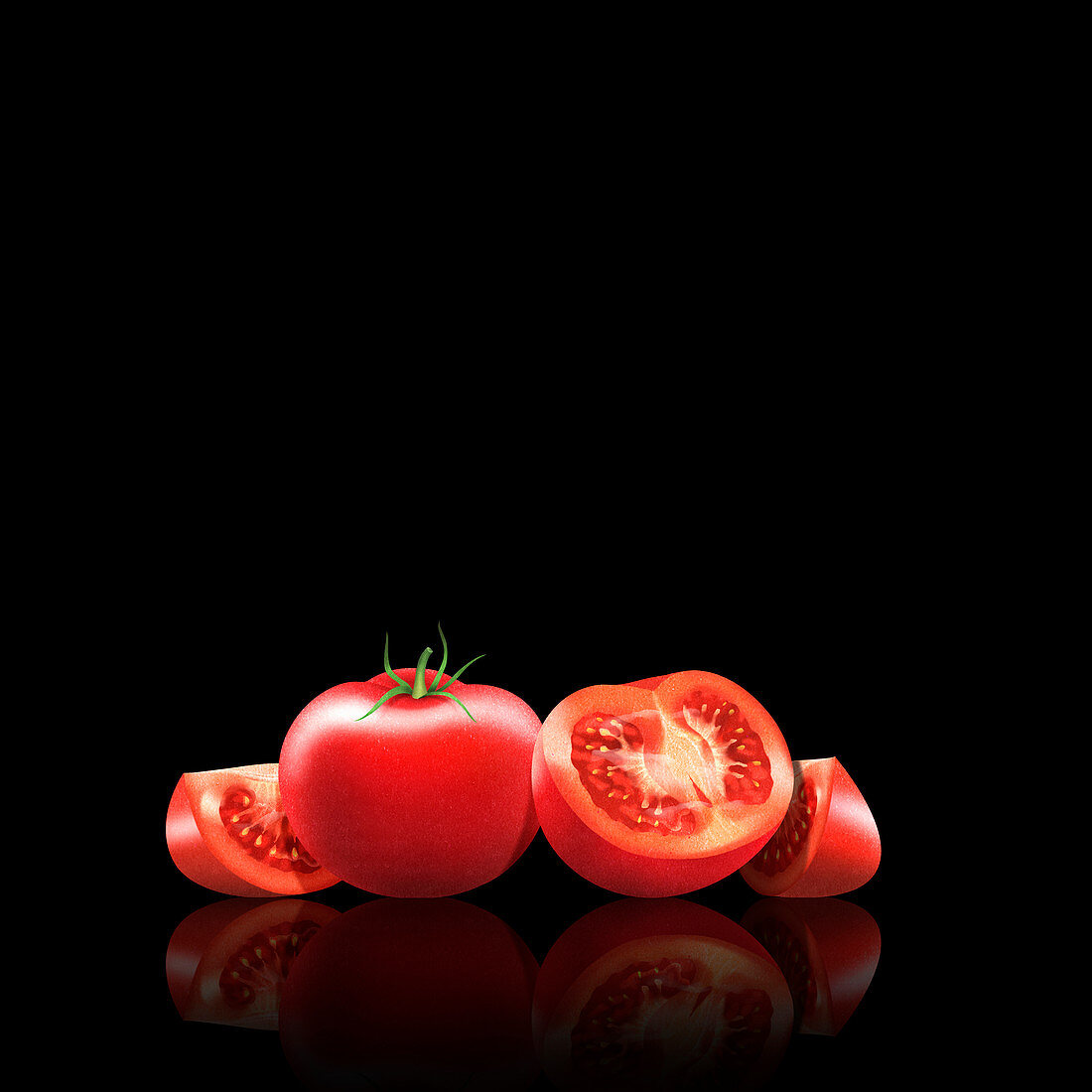 Fresh tomatoes, whole, halved and slices, illustration