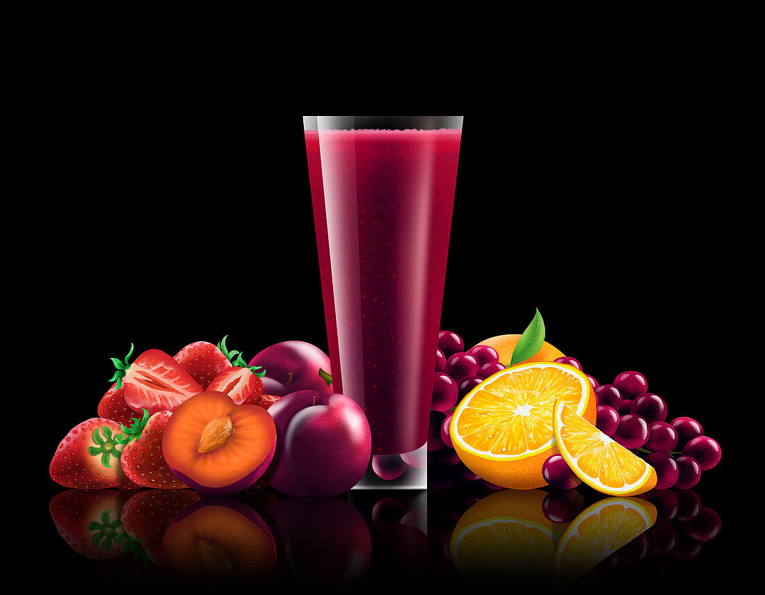 Glass of strawberry, plum, grape smoothie, illustration