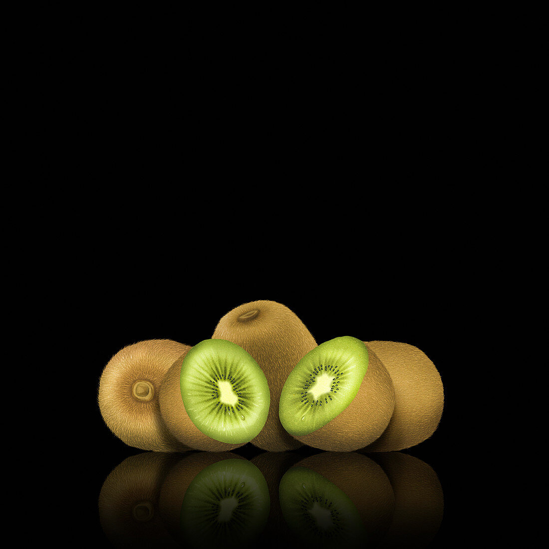 Whole and cut kiwi fruit, illustration