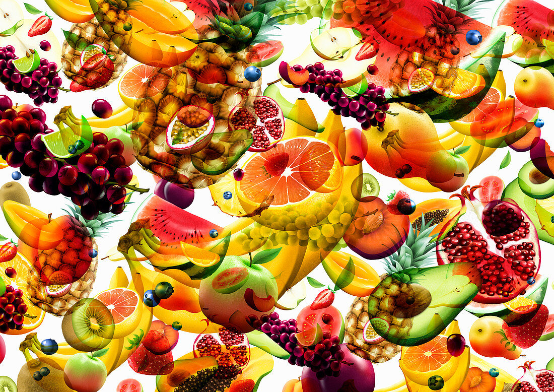 Lots of different fresh fruit falling, illustration