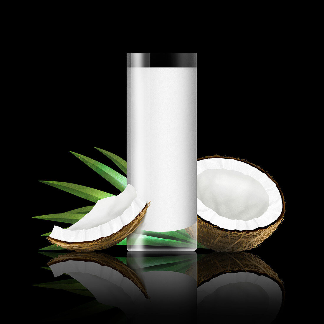 Glass of coconut milk with pieces of coconut, illustration