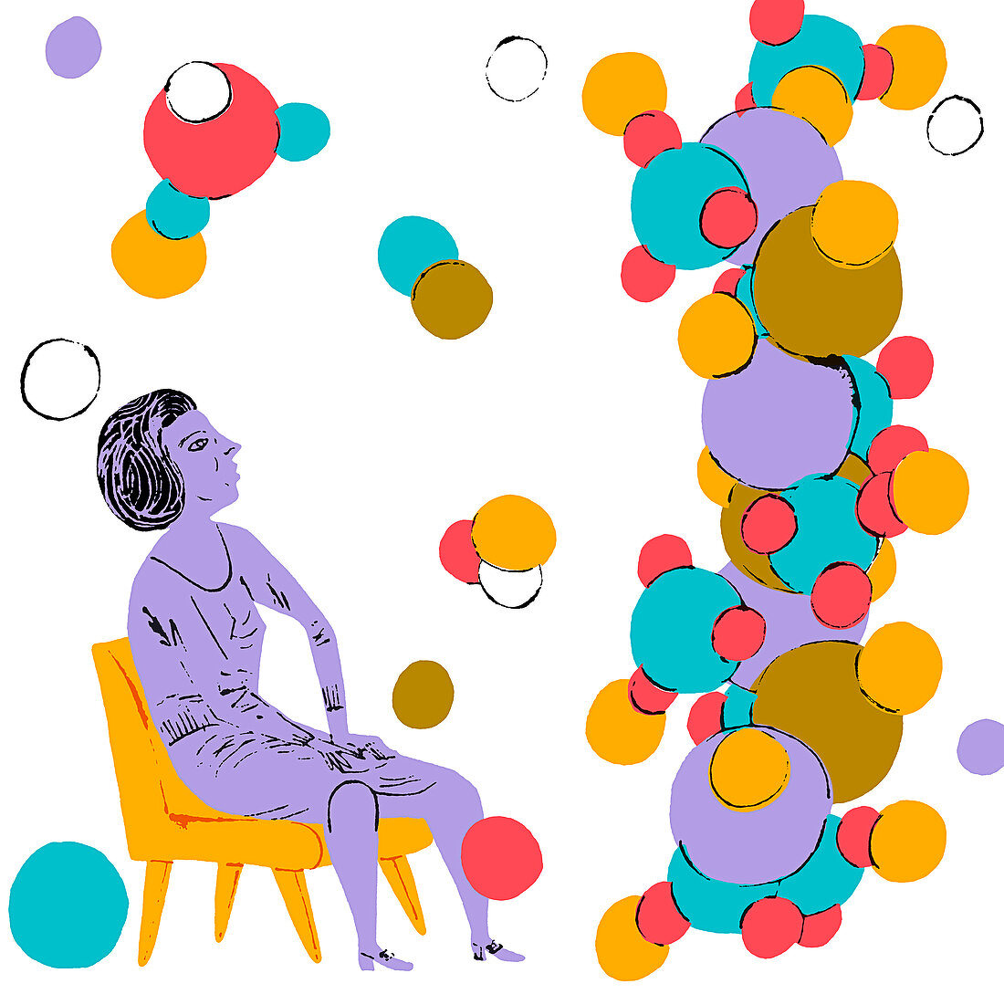 Scientist looking up at molecular structure, illustration