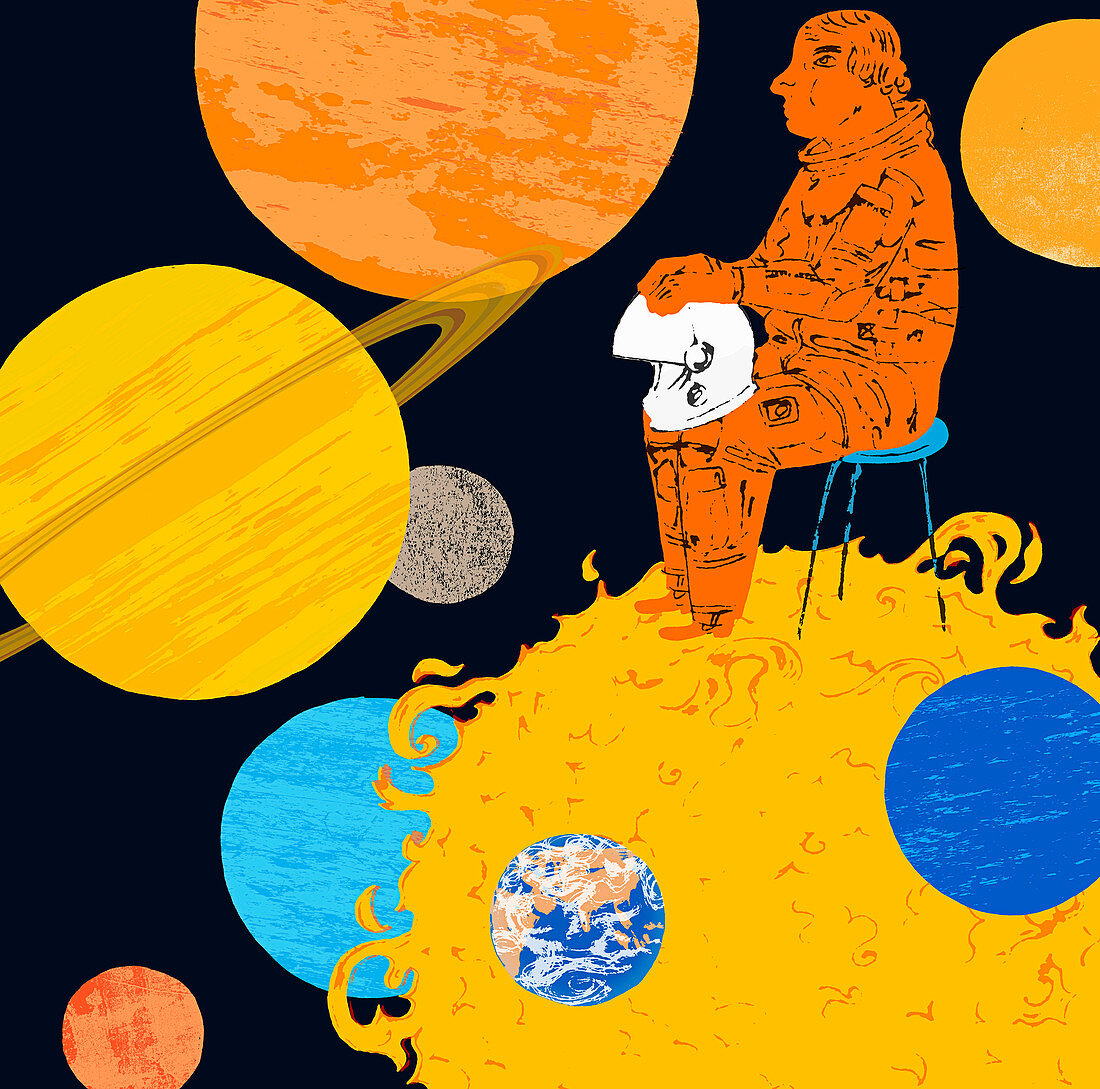 Astronaut sitting on the sun, illustration