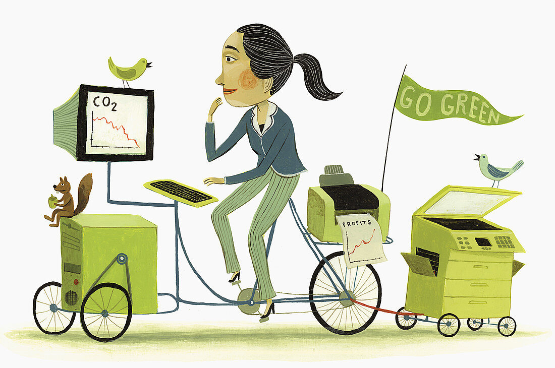 Businesswoman driving eco-friendly bicycle, illustration