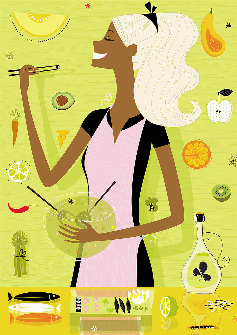 Woman cooking healthy food in kitchen, illustration