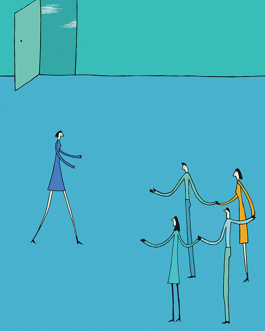 Co-workers holding hands and welcoming woman, illustration