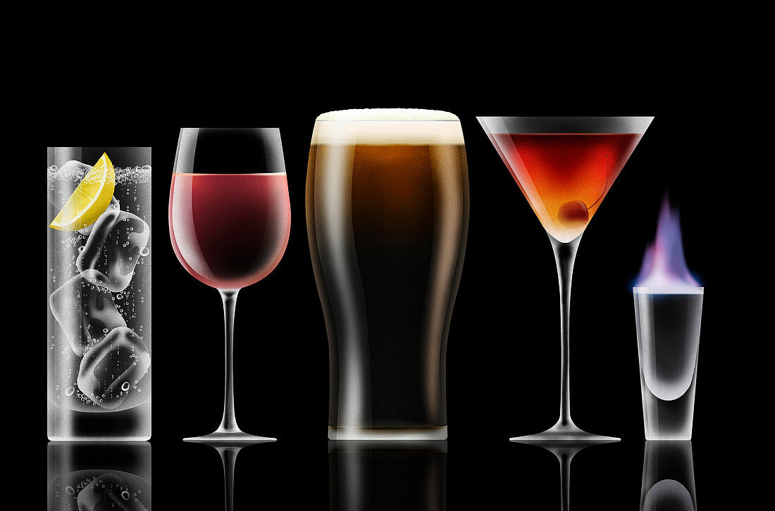 Range of different alcoholic drinks in a row, illustration