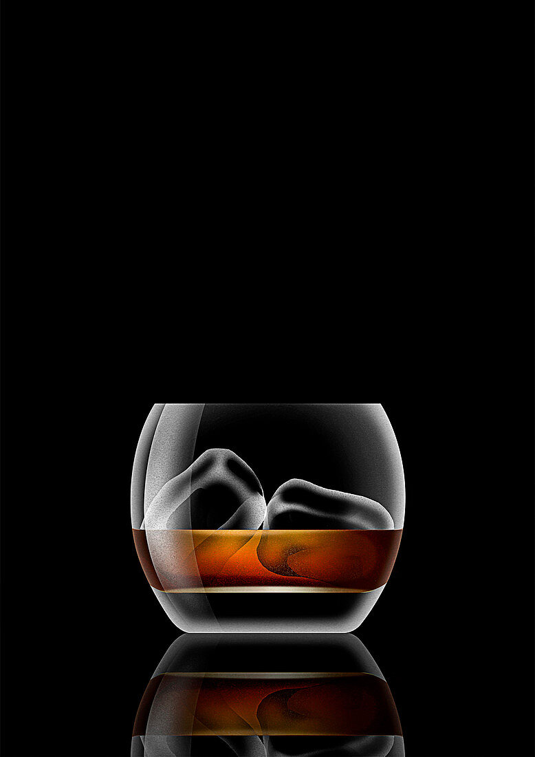 Glass of whisky and ice cubes, illustration