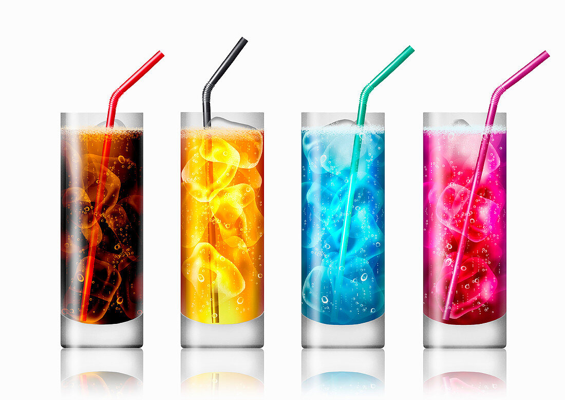 Row of brightly coloured fizzy drinks, illustration