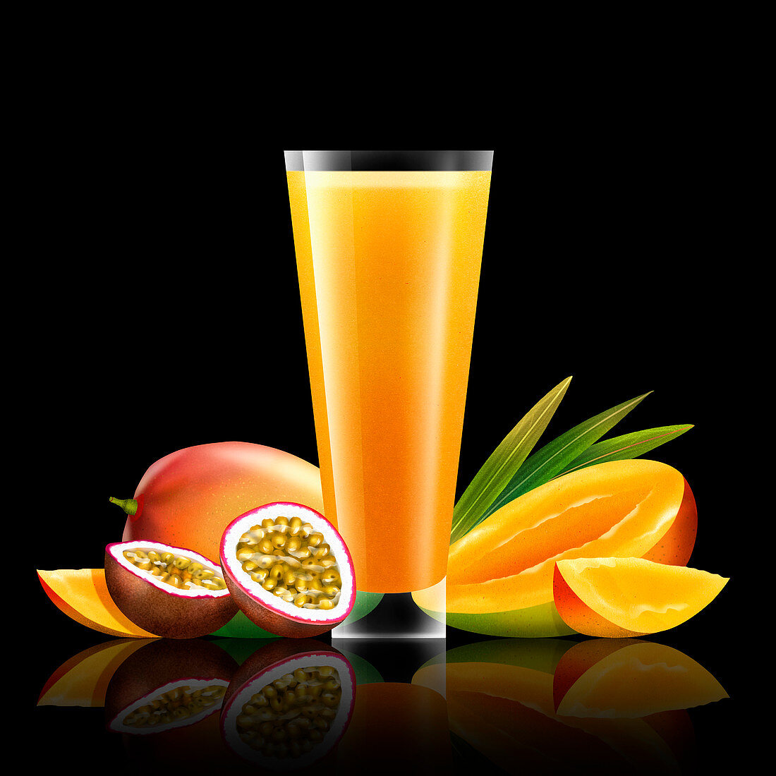 Fruit with glass of juice, illustration