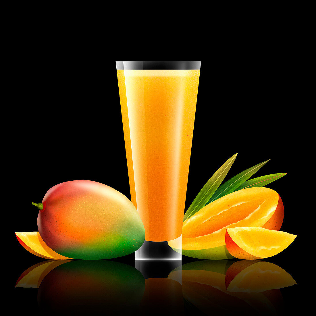 Fresh mango and glass of juice, illustration