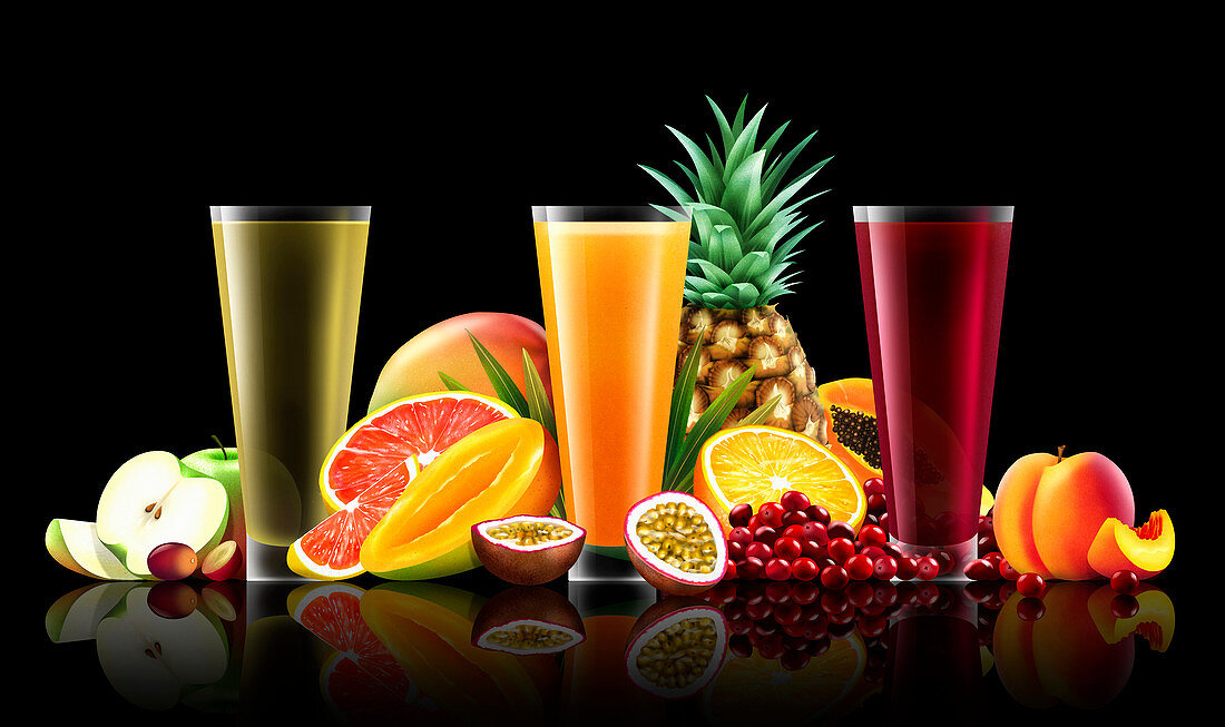 Three glasses of different fruit juices, illustration