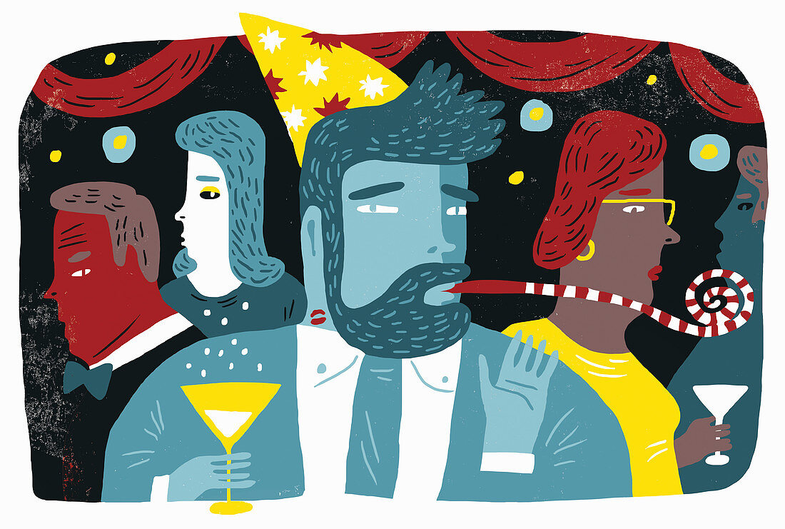 People disapproving of man having fun at party, illustration