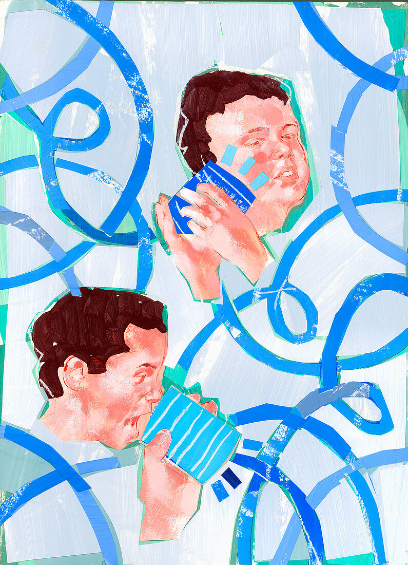 Men talking into tin can telephone, illustration