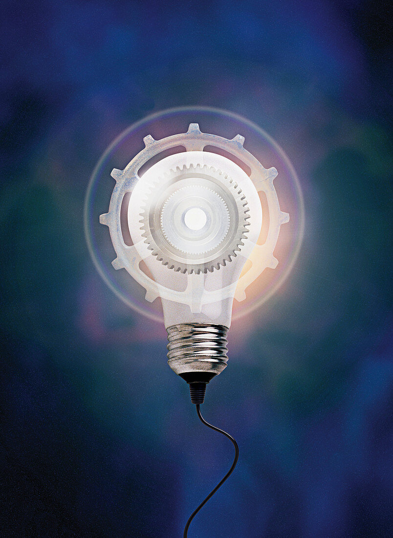 Cog-shaped lightbulb with cord, illustration