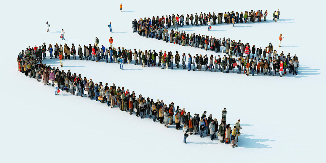 Queue of people waiting in a zigzag line, illustration