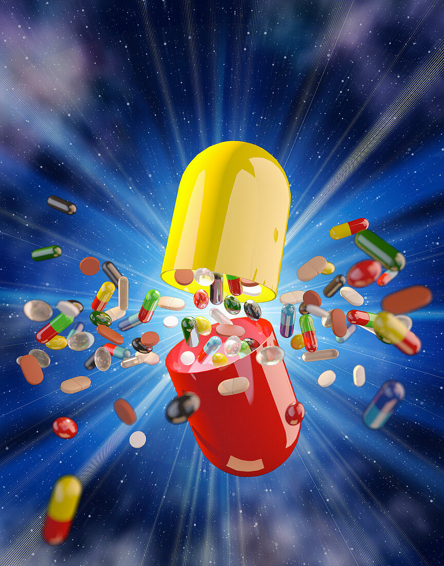 Pills exploding from large capsule, illustration