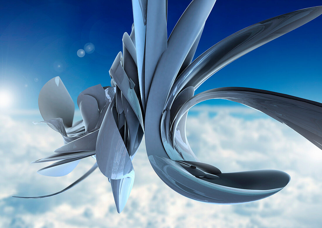 Abstract metallic shape in sky, illustration