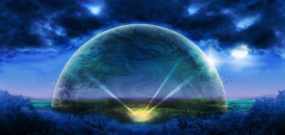 Transparent bubble over countryside, illustration