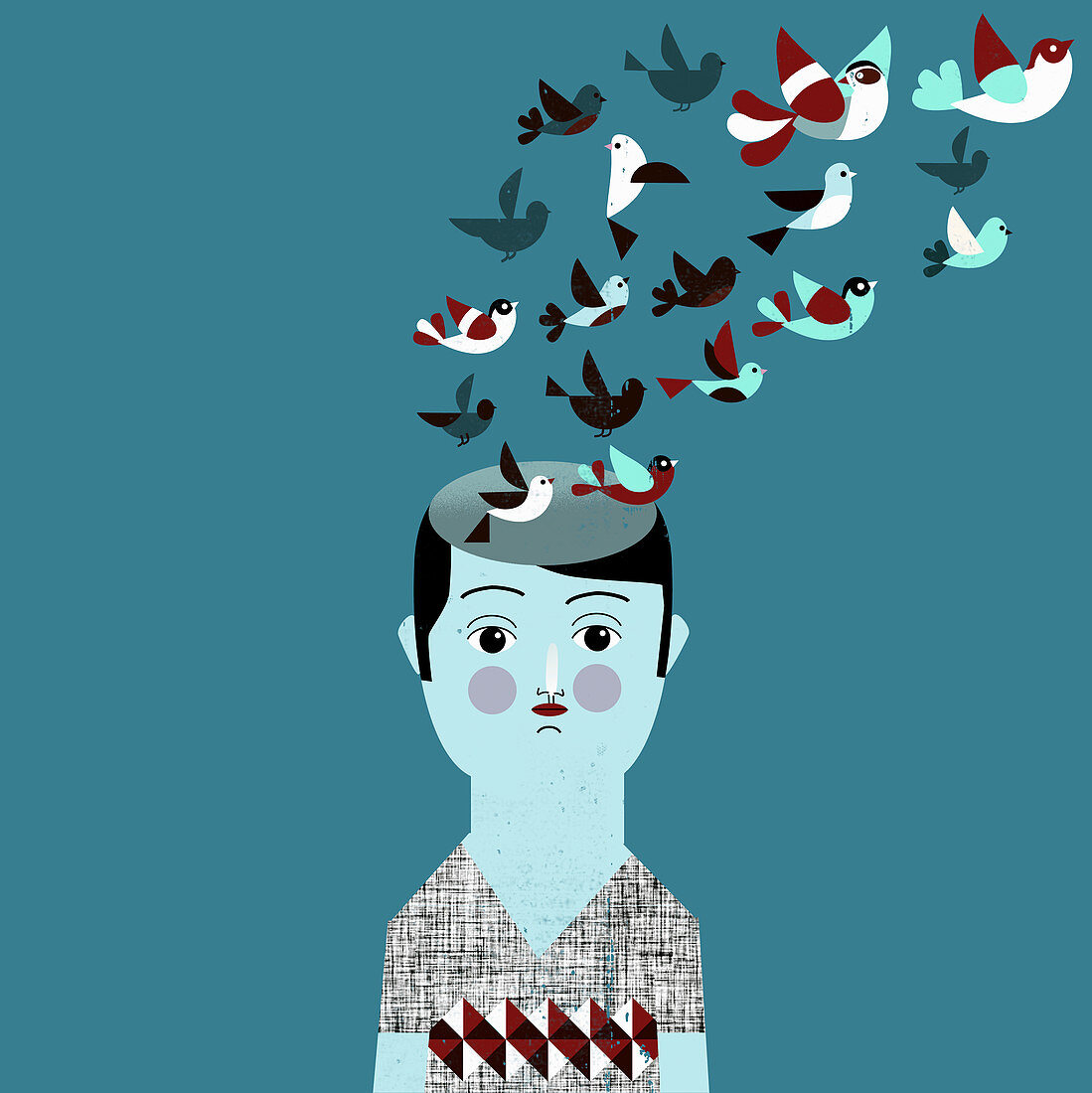 Man with flock of birds coming from head, illustration