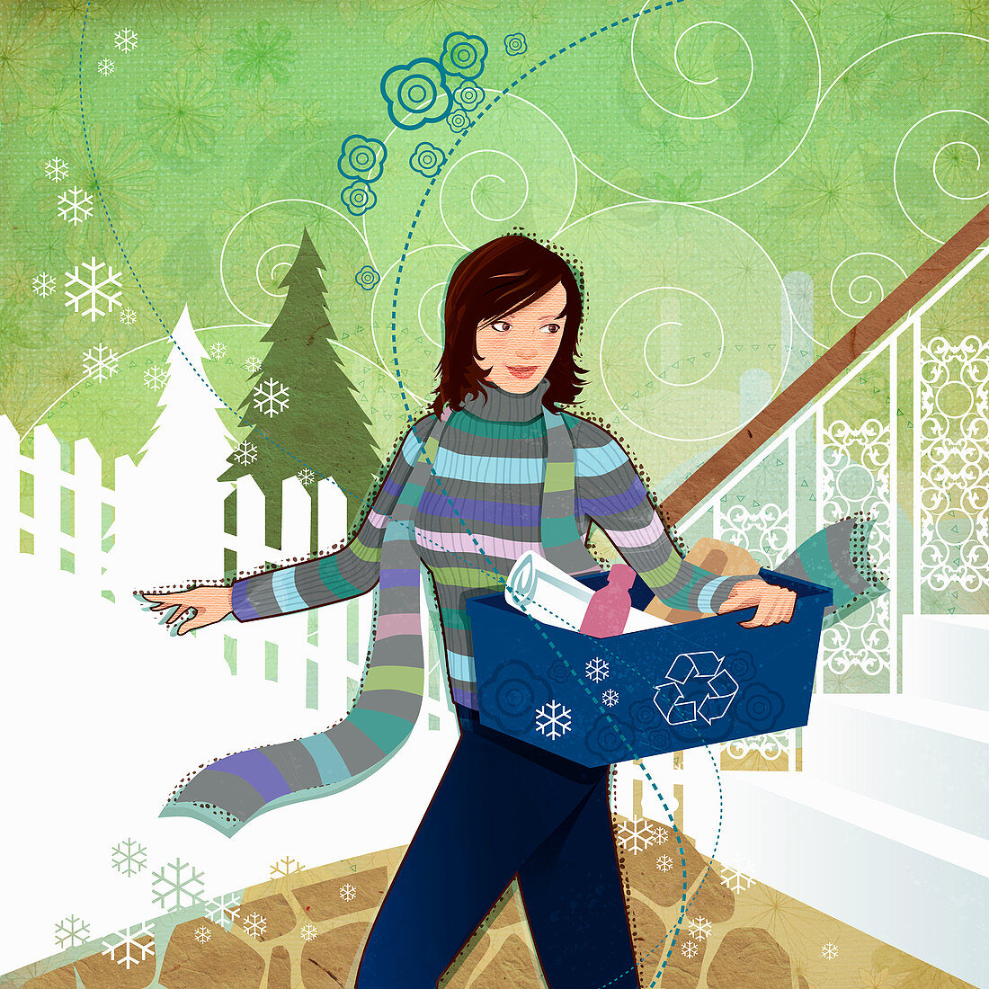 Woman carrying recycling bin in winter, illustration