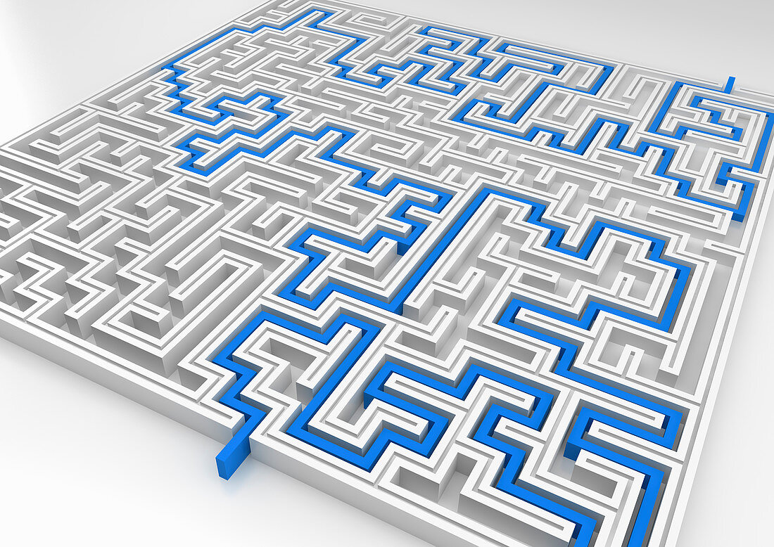 Blue path leading through maze, illustration