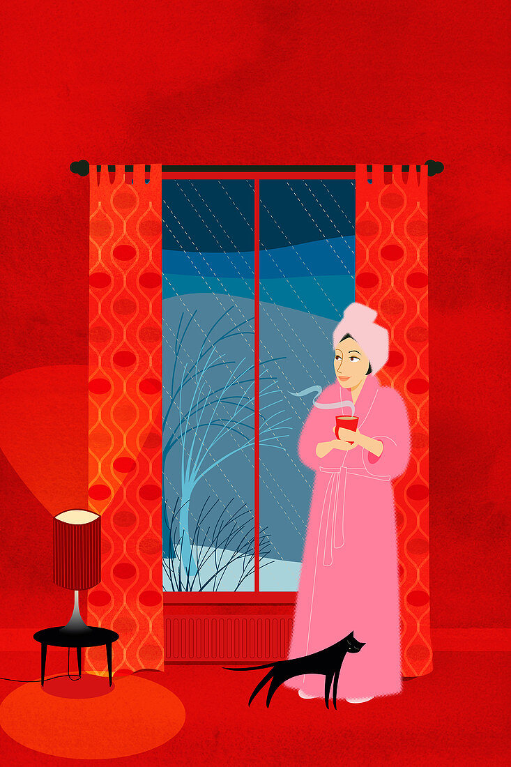Woman in bathrobe drinking coffee, illustration