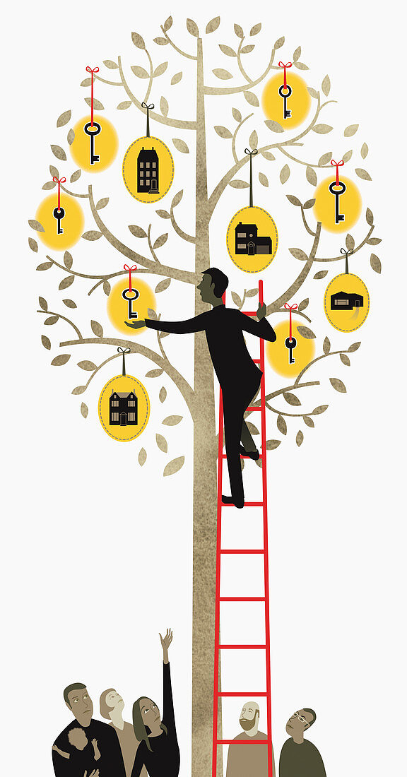 Man on ladder reaching for key, illustration