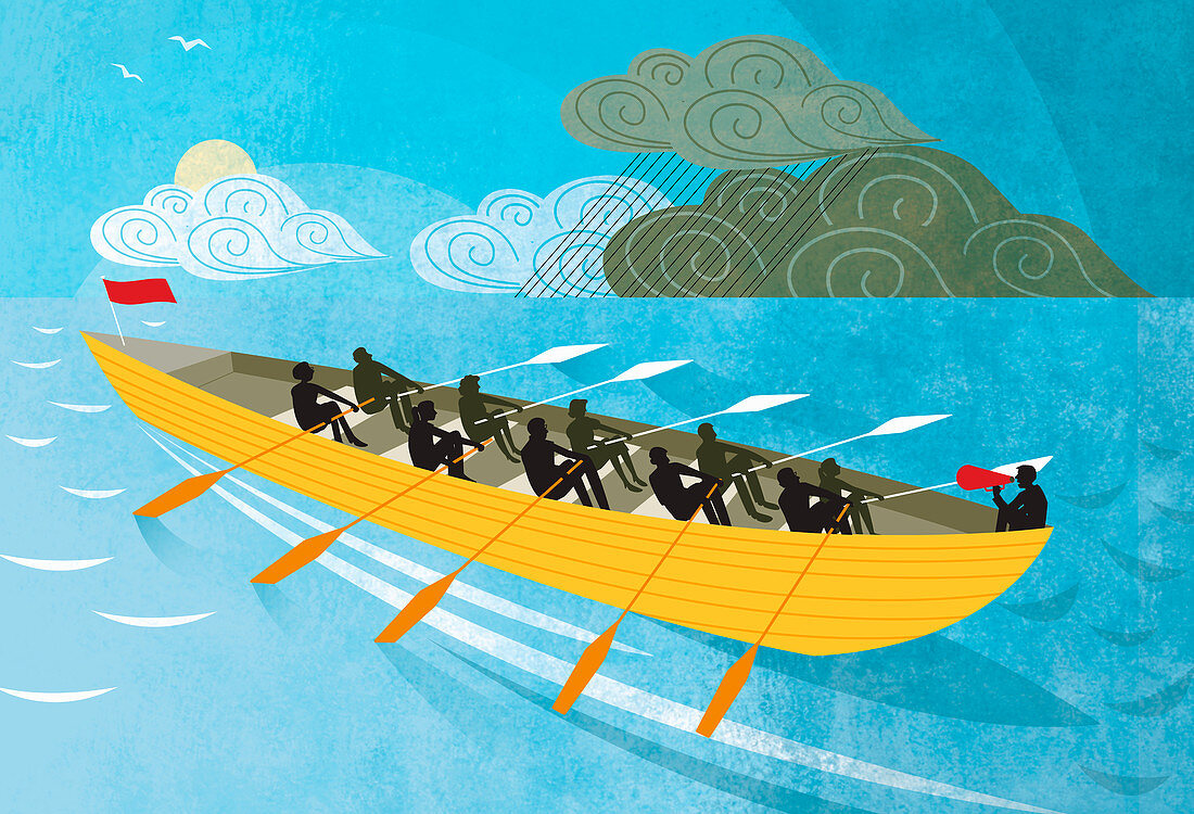 Team rowing boat from rain clouds to sunshine, illustration