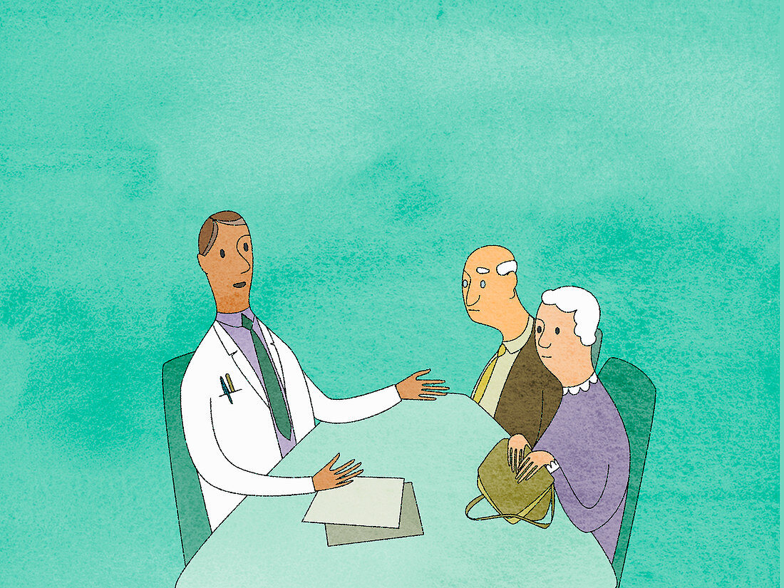 Doctor talking to elderly couple, illustration