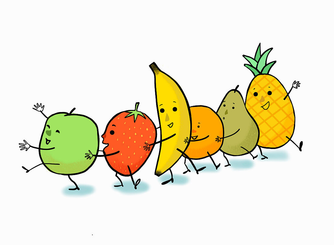 Happy fruit dancing the conga, illustration