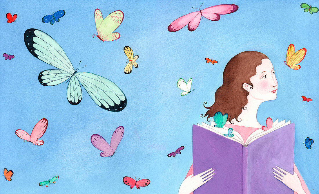 Butterflies flying around girl reading book, illustration