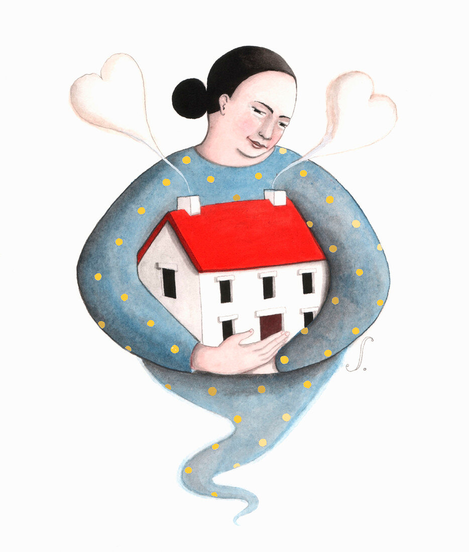 Woman hugging house, illustration