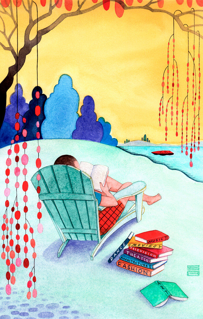 Man reading books in adirondack chair by lake, illustration