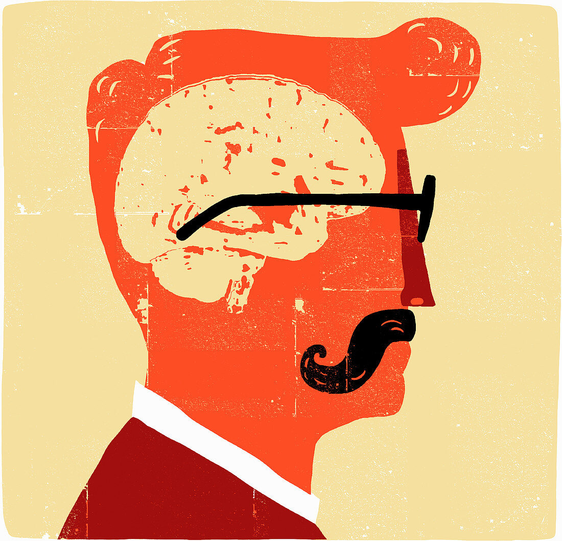 Brain inside head of man with moustache, illustration