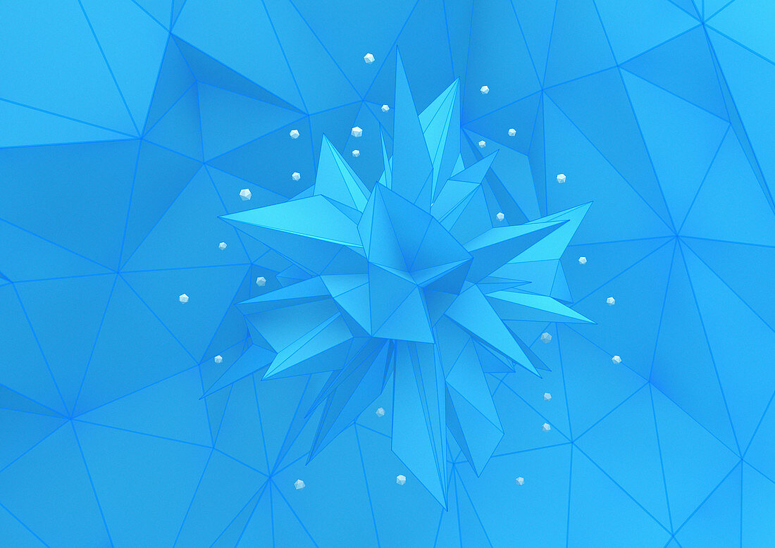 White shapes on points of blue polyhedron, illustration