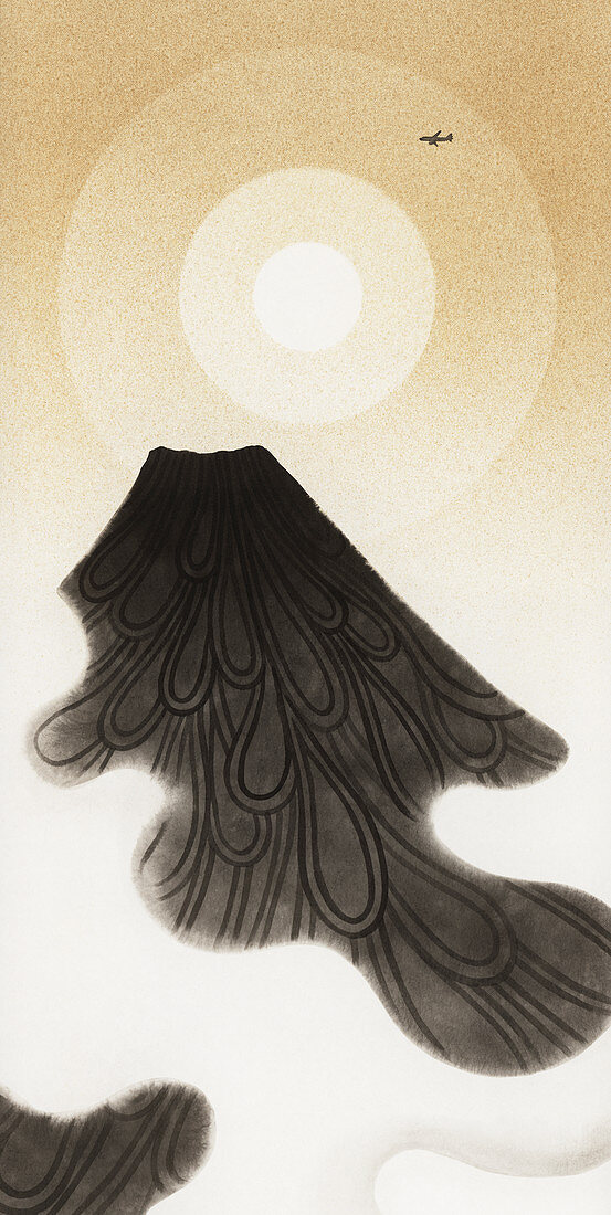 Plane flying over misty volcano, illustration