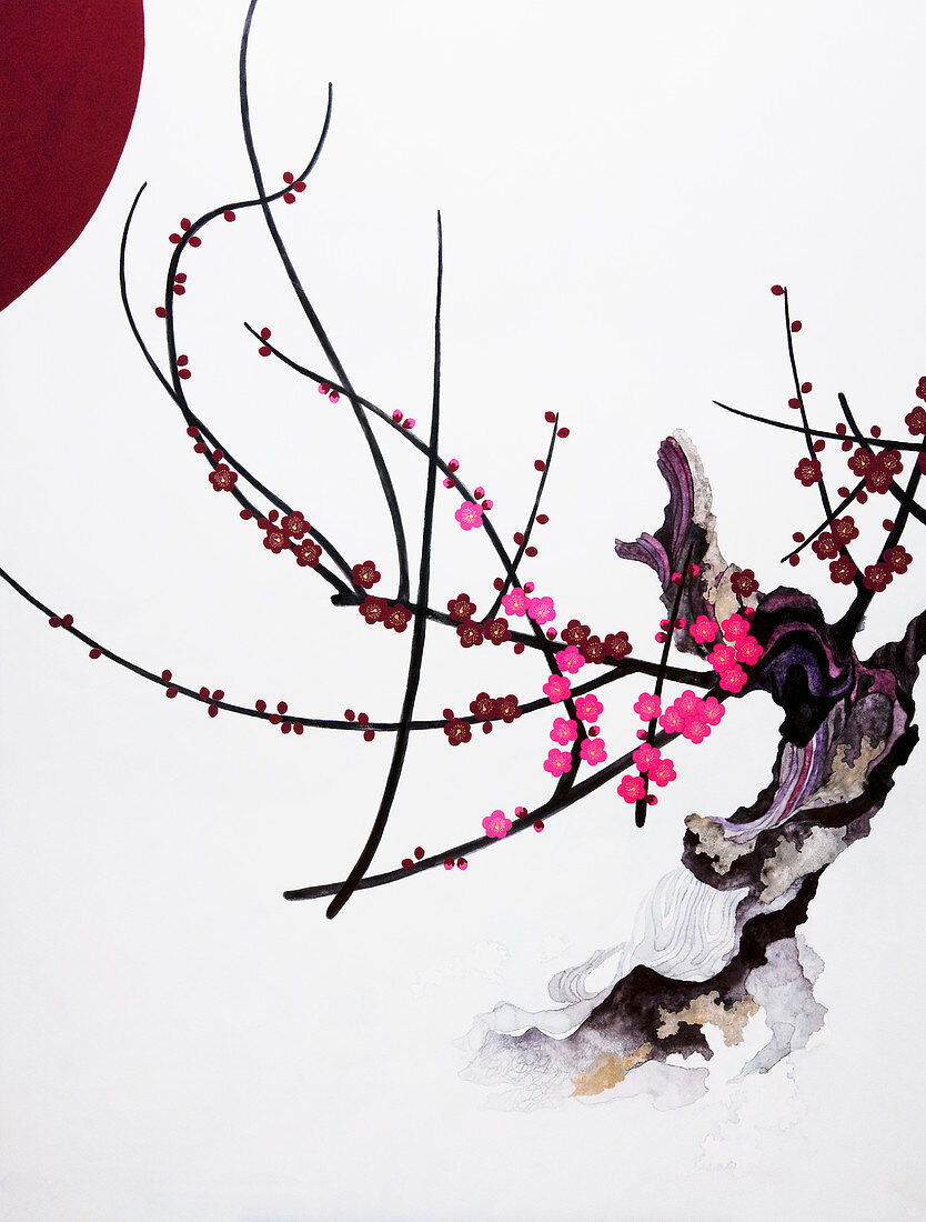 Pink blossom growing from gnarled branch, illustration