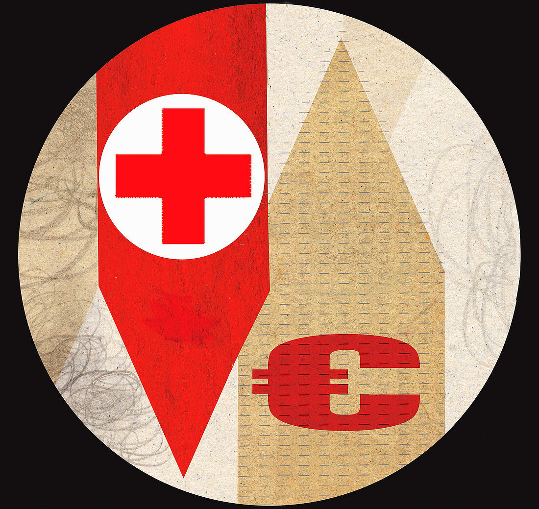 Red cross with Euro symbol on arrows, illustration