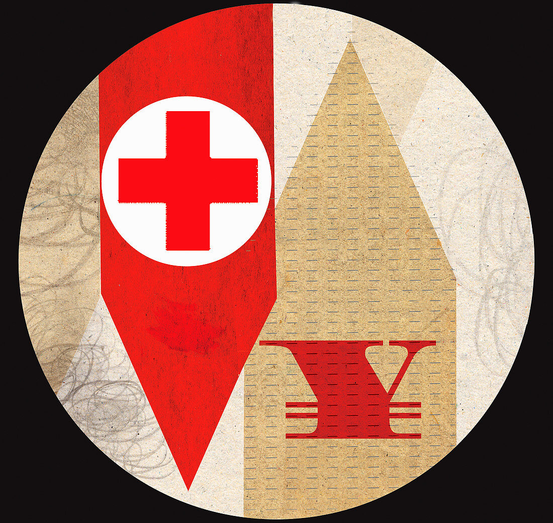 Red cross with Yen symbol on arrows, illustration