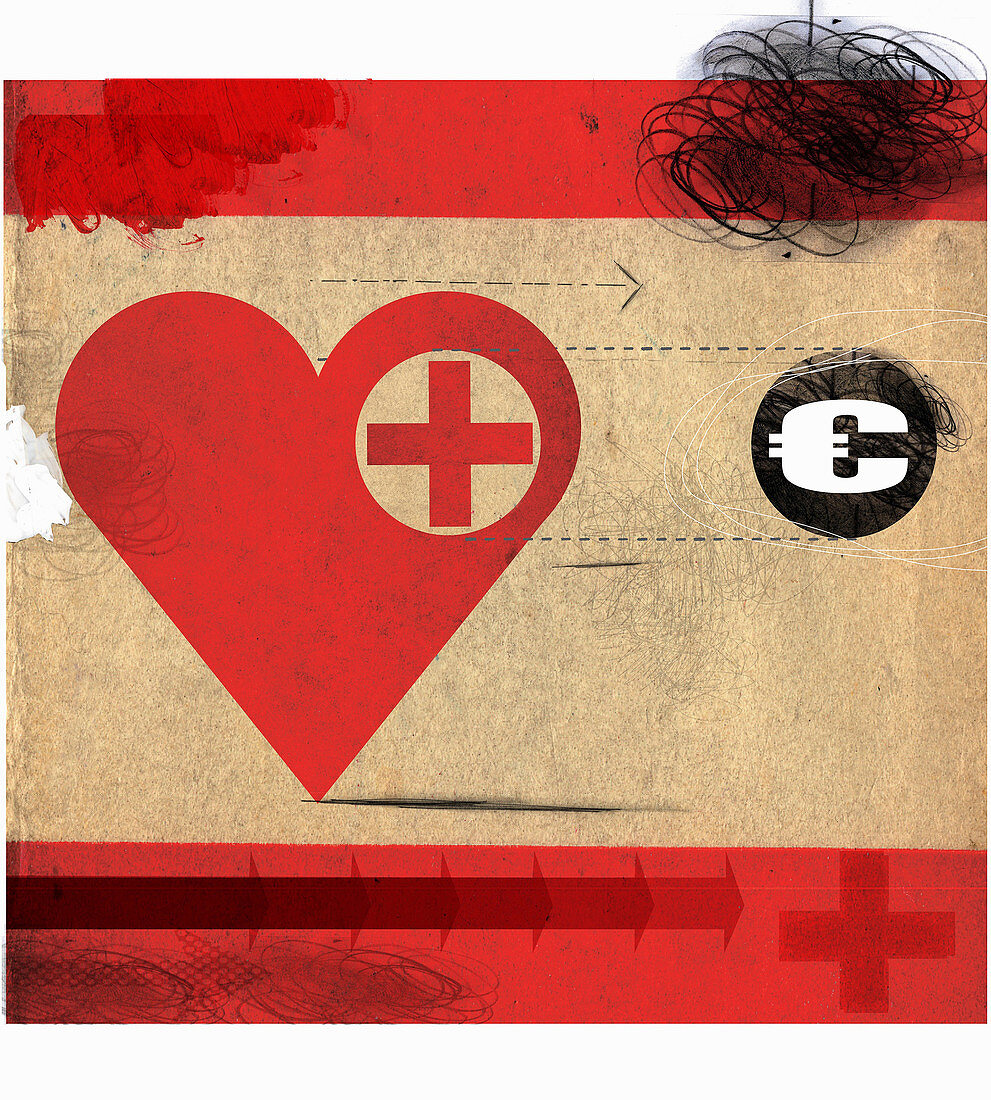 Heart with red cross following Euro symbol, illustration