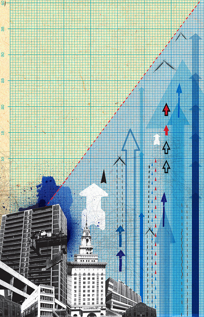 Urban cityscape with arrows on graph paper, illustration