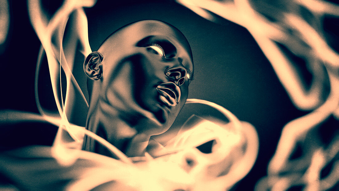 Swirling surrounding glowing mannequin head, illustration