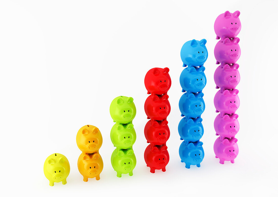 Bar graph made from columns of piggy banks, illustration