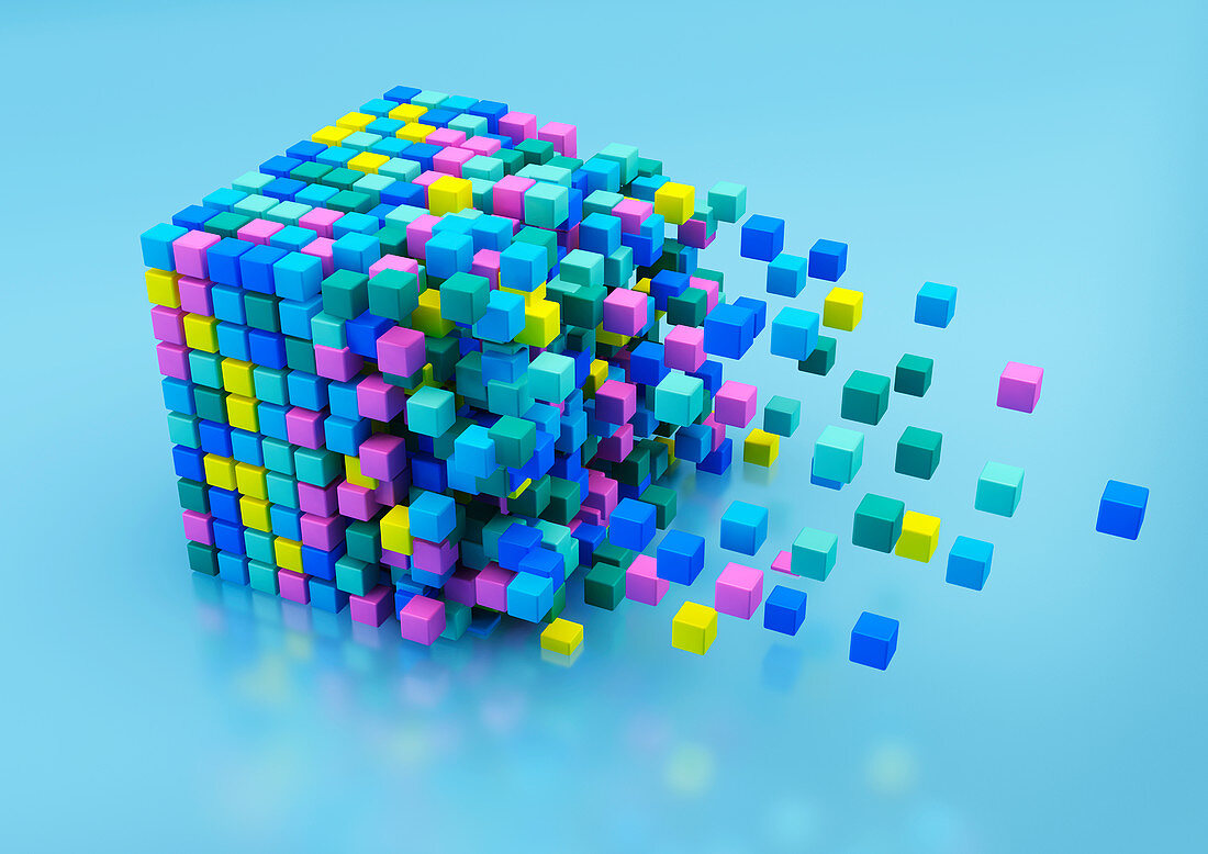 Small blocks assembling in large cube shape, illustration