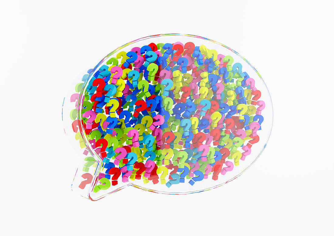 Cluster of question marks in 3d speech bubble, illustration