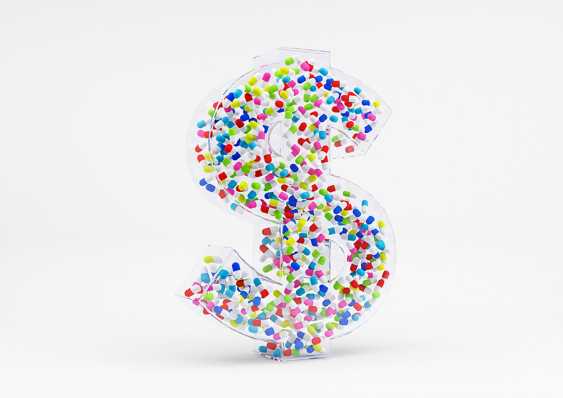 Cluster of capsules in 3d dollar sign, illustration