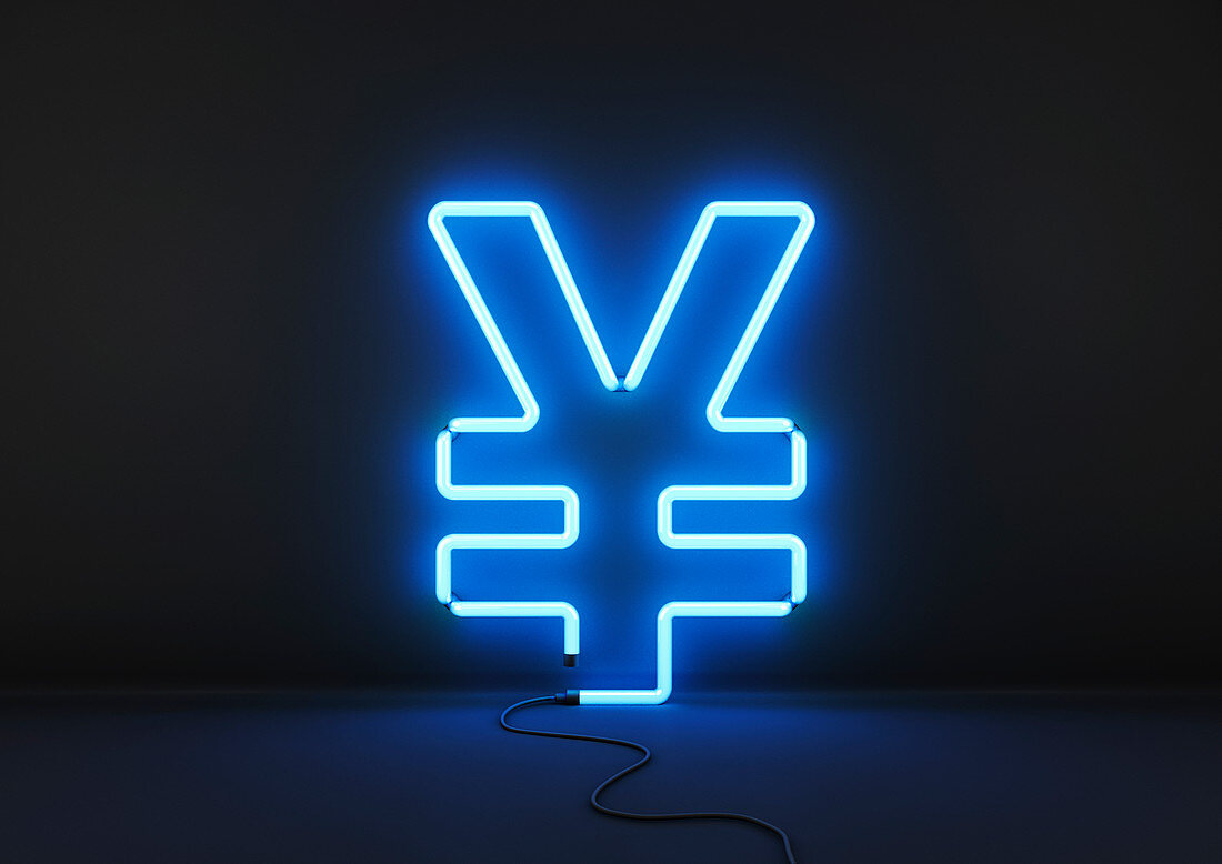 Neon blue yen sign, illustration